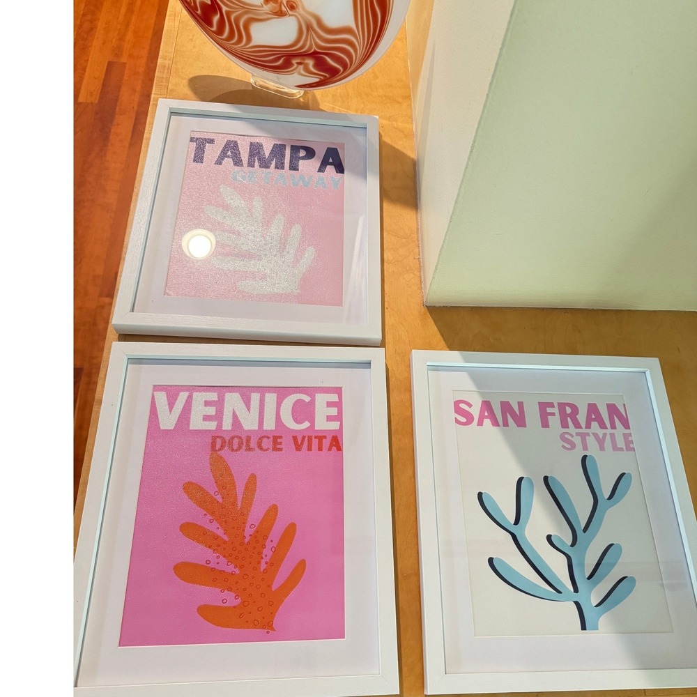 Set of 3 Framed Travel Art Prints Tampa Venice San Francisco Pink Coastal Decor